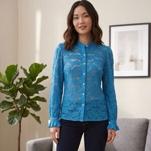 PRETTYGARDEN Semi-Sheer Button Up, Blouse, Women’s L, Blue